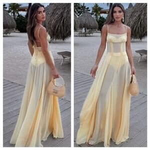 NWT Camila Coelho Maxi Dress Butter Yellow Sheer Dia Slip Wedding Guest size S